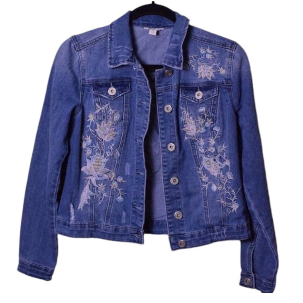 Women's Vintage Floral Y2K Embroidered Lightwash Denim Jacket Feminine - Size XS